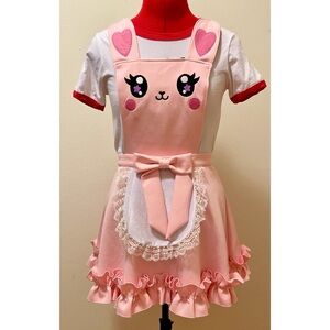 Dolls Kill Sugar Thrillz kawaii pink bunny apron ruffle suspender skirt XS cute
